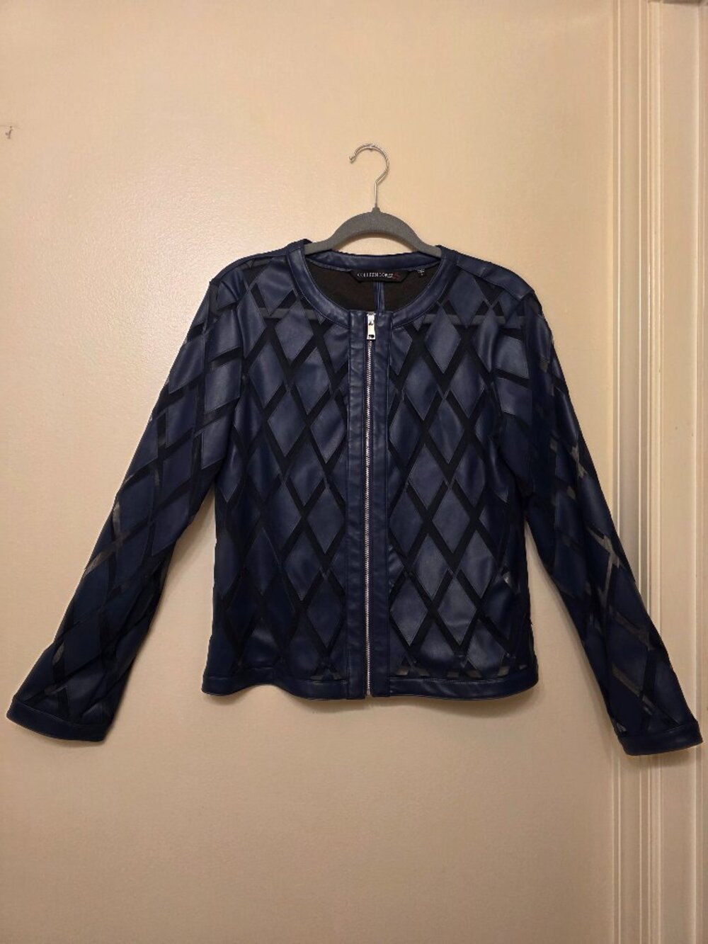 Beautiful Colleen Lopez Faux leather Navy Blue Jacket Zips Up Size S